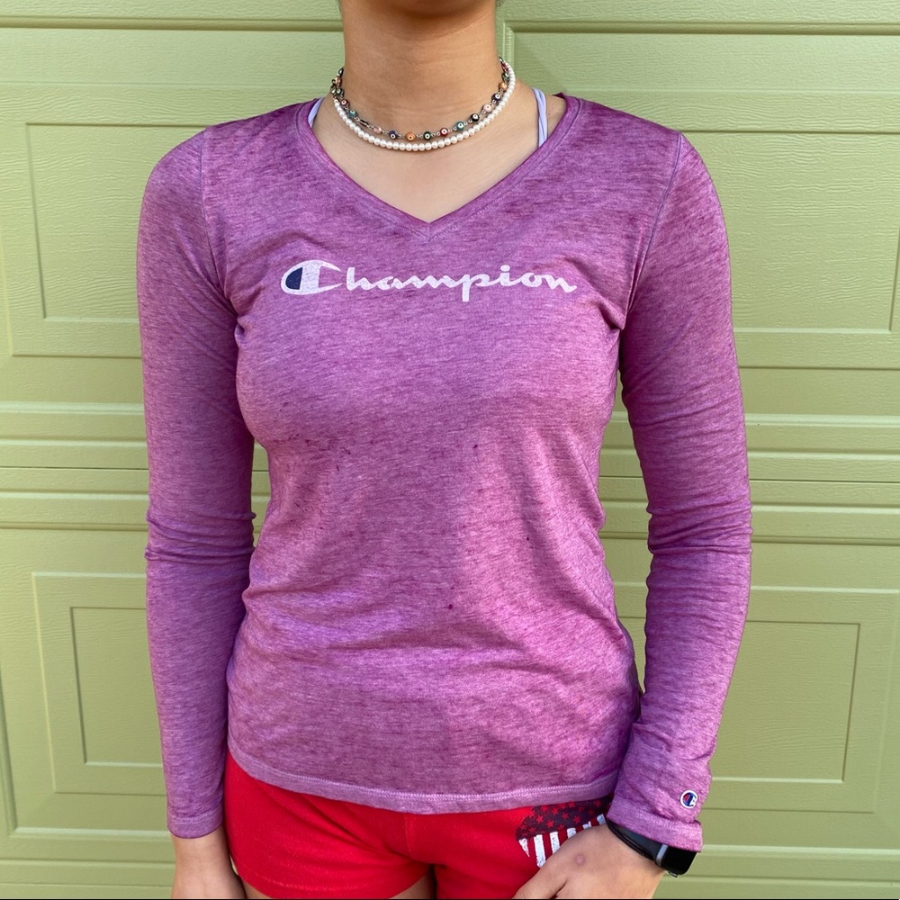 Champion Womens Purple Classic Long Sleeve Athletic T-Shirt Top Size XS